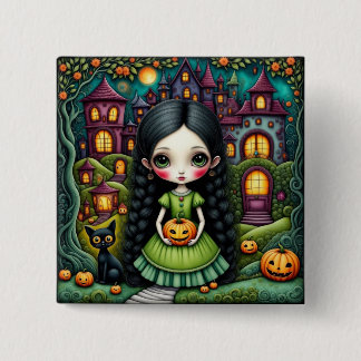 Badge Carré 5 Cm Fille gothique mignonne citrouille village Hallowe