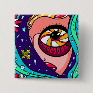Badge Carré 5 Cm Fille Mystérieuse - Art Musicien Esthétique