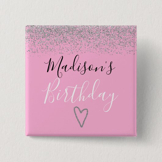 Badge Carré 5 Cm Fille rose Parties scintillant d'argent étincelles (Devant)