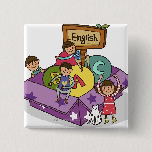 Badge Carré 5 Cm Fille se tenant avec des bras augmentés et se (Devant)