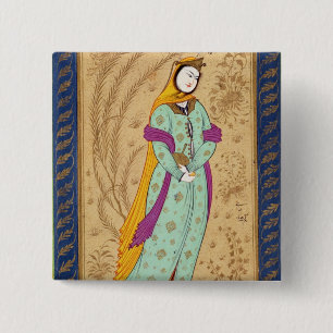 Badge Carré 5 Cm Fille tenant un navire de vin et une poire, de la