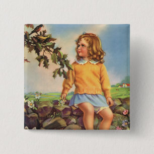 Badge Carré 5 Cm Fille Vintage regardant des oiseaux dans un arbre,
