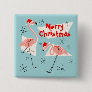 Badge Carré 5 Cm Flamant rose Santas Bleu Joyeux Noël bouton carré