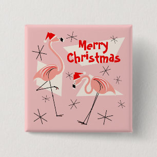 Badge Carré 5 Cm Flamant rose Santas rose Joyeux Noël bouton carré