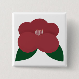Badge Carré 5 Cm Fleur botanique de camélia rouge