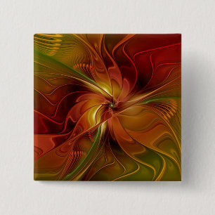 Badge Carré 5 Cm Fleur d'art fractal abstrait rouge orange marron v