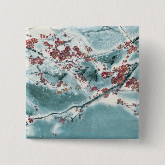 Badge Carré 5 Cm Fleur de prune dans la neige (Devant)