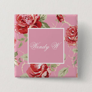 Badge Carré 5 Cm Fleur de rose rouge cerise