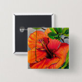Badge Carré 5 Cm Fleur d'hibiscus néon tropical (Devant & derrière)