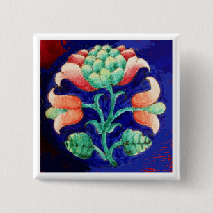 BADGE CARRÉ 5 CM FLEUR ROSE STYLISÉE, FLEURALE BLEU VERT