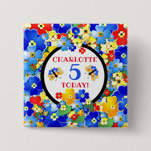 Badge Carré 5 Cm Fleurs colorées et papillons Âge d'anniversaire