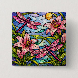 Badge Carré 5 Cm Fleurs de verre teinté et libellules roses