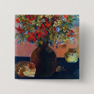 Badge Carré 5 Cm Fleurs et chats de Paul Gauguin, Art Vintage