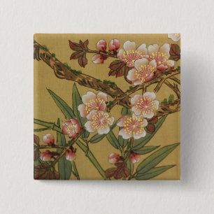 Badge Carré 5 Cm Fleurs Japonaises Asiatiques Fleur de Cerisier Vin