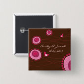 Badge Carré 5 Cm Fleurs mignonnes de points roses heureux d'oiseaux (Devant & derrière)