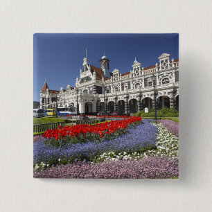 Badge Carré 5 Cm Fleurs printanières et gare historique,