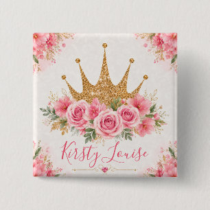 Badge Carré 5 Cm Fleurs roses à l'aquarelle et diadème doré