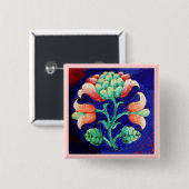 BADGE CARRÉ 5 CM FLEURS ROSES STYLISÉES, FLEURS VERTES BLEUES (Devant & derrière)