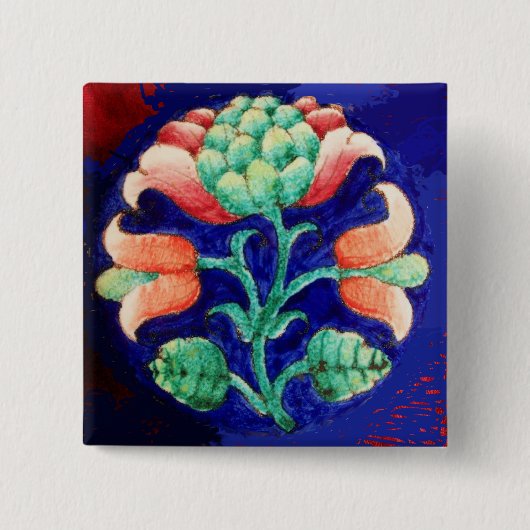 BADGE CARRÉ 5 CM FLEURS ROSES STYLISÉES, FLEURS VERTES BLEUES (Devant)