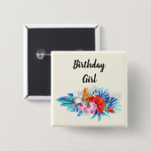 Badge Carré 5 Cm Fleurs tropicales exotiques - Fille d'anniversaire (Devant & derrière)