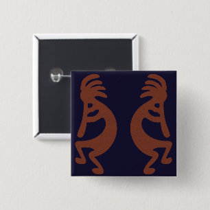 Badge Carré 5 Cm Flûte Jouer Kokopelli Figure - Bleu sur rouille Ro