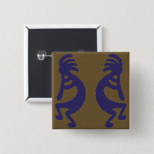 Badge Carré 5 Cm Flûte Jouer Kokopelli Figure - Bleu sur Vert
