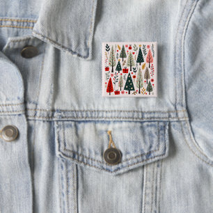 Badge Carré 5 Cm Forêt de sapins de Noël fantaisistes