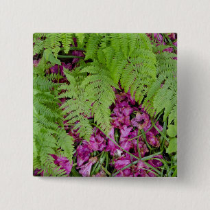 Badge Carré 5 Cm fougères forestières avec pétales de fleurs roses 
