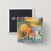 Badge Carré 5 Cm Fox buvant par la rive (Devant & derrière)