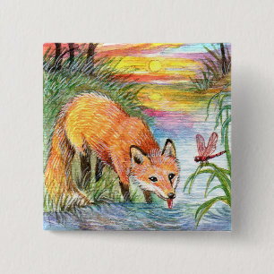 Badge Carré 5 Cm Fox buvant par la rive
