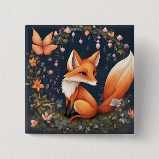 Badge Carré 5 Cm Fox en fleurs (Devant)