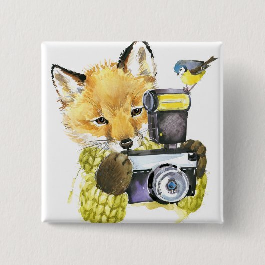 Badge Carré 5 Cm Fox mignon d'aquarelle prenant des photos (Devant)