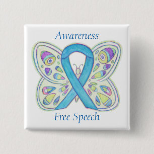 Badge Carré 5 Cm Free Speech Blue Butterfly Awareness Ribbon Pin