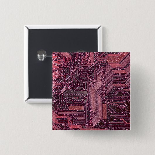 Badge Carré 5 Cm Fuchsia Cyber Circuit Board Tech Art Electronique (Devant & derrière)