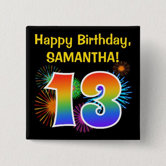 Badge Carré 5 Cm Fun Fireworks + Rainbow Motif "13" Anniversaire # (Devant)