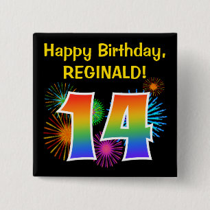 Badge Carré 5 Cm Fun Fireworks + Rainbow Motif "14" Anniversaire #