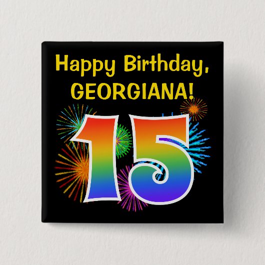 Badge Carré 5 Cm Fun Fireworks + Rainbow Motif "15" Anniversaire # (Devant)