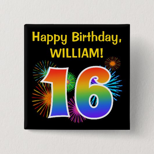 Badge Carré 5 Cm Fun Fireworks + Rainbow Motif "16" Anniversaire # (Devant)