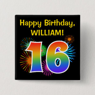 Badge Carré 5 Cm Fun Fireworks + Rainbow Motif "16" Anniversaire #