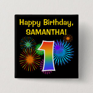Badge Carré 5 Cm Fun Fireworks + Rainbow Motif "1" Anniversaire #