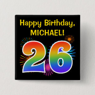 Badge Carré 5 Cm Fun Fireworks + Rainbow Motif "26" Anniversaire #