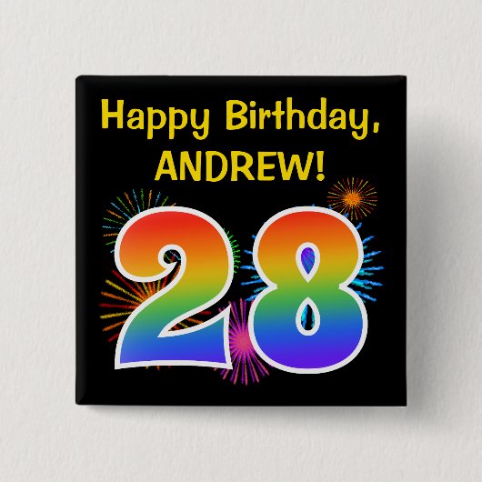 Badge Carré 5 Cm Fun Fireworks + Rainbow Motif "28" Anniversaire # (Devant)