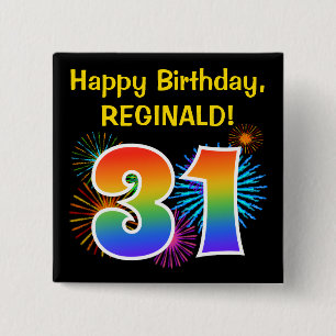 Badge Carré 5 Cm Fun Fireworks + Rainbow Motif "31" Anniversaire #