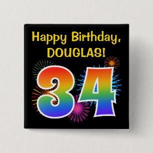 Badge Carré 5 Cm Fun Fireworks + Rainbow Motif "34" Anniversaire #