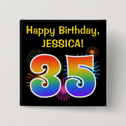 Badge Carré 5 Cm Fun Fireworks + Rainbow Motif "35" Anniversaire # (Devant)