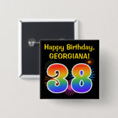 Badge Carré 5 Cm Fun Fireworks + Rainbow Motif "38" Anniversaire # (Devant & derrière)