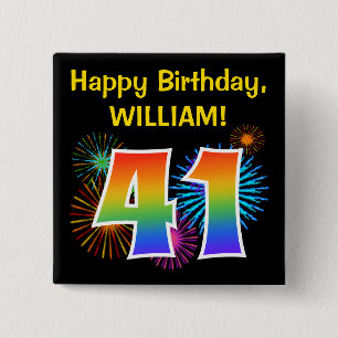 Badge Carré 5 Cm Fun Fireworks + Rainbow Motif "41" Anniversaire #