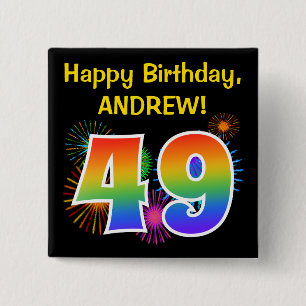 Badge Carré 5 Cm Fun Fireworks + Rainbow Motif "49" Anniversaire #