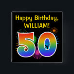 Badge Carré 5 Cm Fun Fireworks   Rainbow Motif "50" Anniversaire #<br><div class="desc">This fun, vibrant button design features a colorful bursting celebratory fireworks inspired pattern, along with the number "50" featuring a multicolored rainbow like spectre or gradient pattern. It also features a customizable name and event message, such as a "Happy Birthday" birthday greeting. A button like this might be worn by...</div>