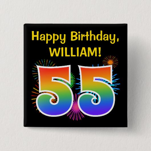 Badge Carré 5 Cm Fun Fireworks + Rainbow Motif "55" Anniversaire # (Devant)